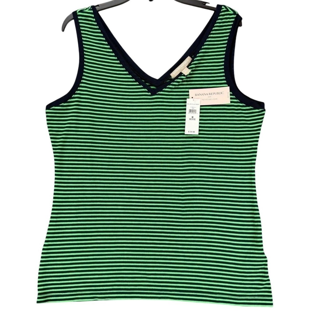 NEW Banana Republic Women Petite Medium Green Striped Tank Top Sleeveless V Neck